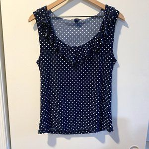 Chaps Navy Blue & White Ruffle Polka Dot Top Sz M